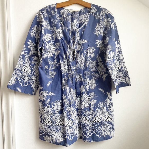 Soft Surroundings Blue Floral Tunic Pleated Front Bead Button Detail Size Small - Picture 1 of 5